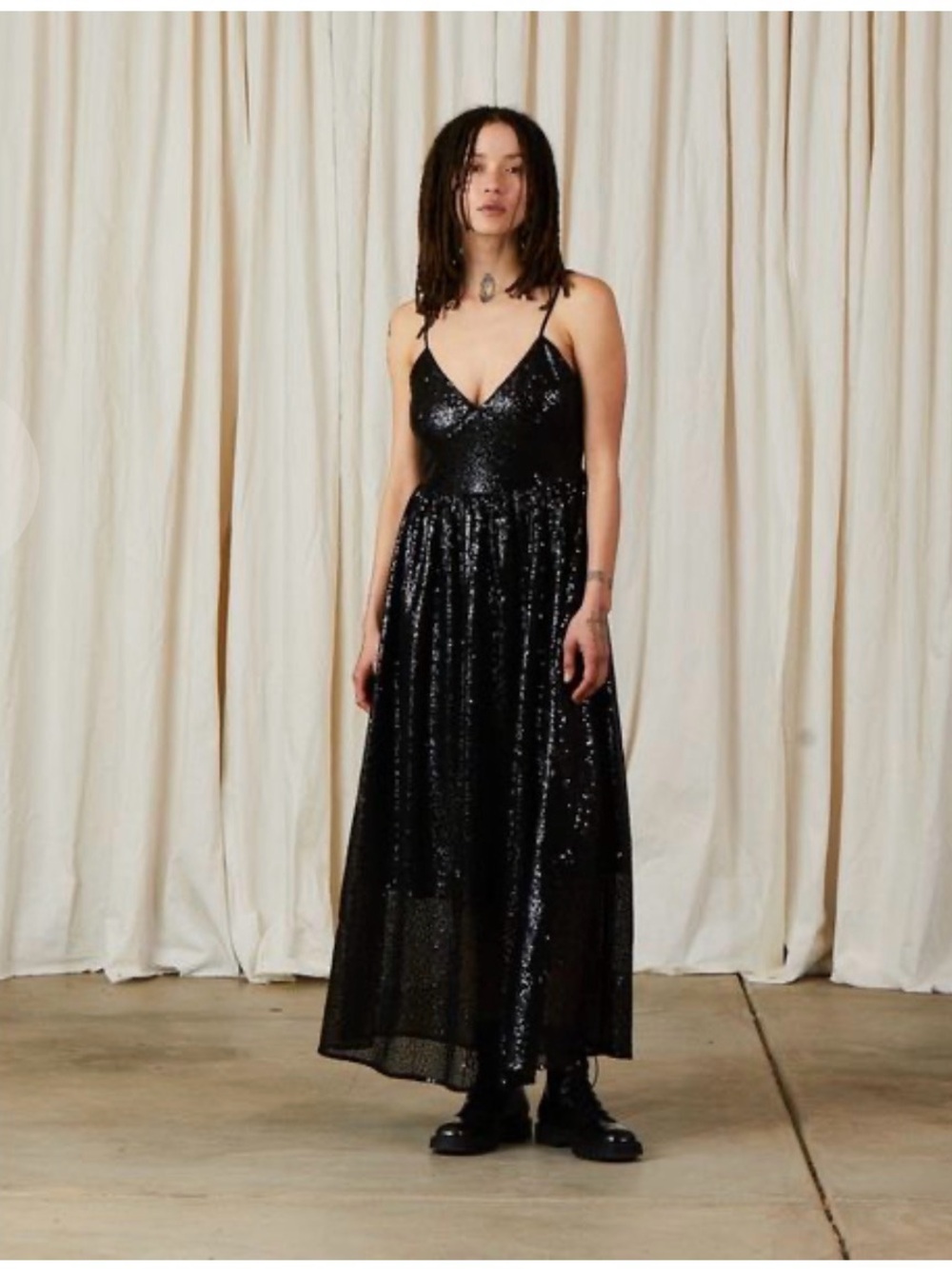 Black Sequin Slip Maxi Dress with Spaghetti Straps
